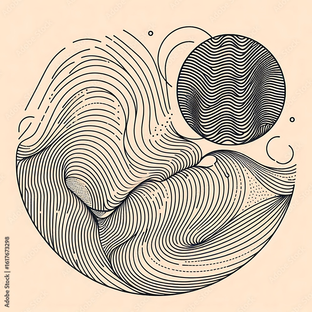 Poster mesmerizing abstract wave pattern with a circular sun and flowing lines creates a modern zen aesthet