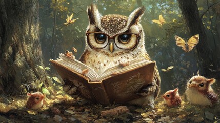 A wise owl wearing glasses reads a book surrounded by two small owls and butterflies in an autumnal forest