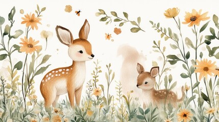 Cute deer family in a field of flowers