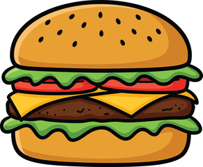 A cartoon hamburger with beef, cheese, lettuce, and tomato isolated on white background