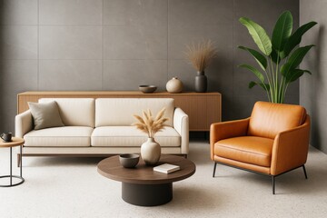 Modern living room interior with beige sofa, leather armchair, wooden furniture, and green plant against dark tiled wall background. Ai generative.