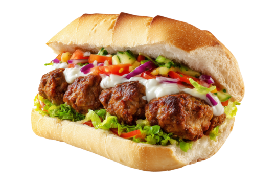 Kofta meatball sandwich with creamy tahini sauce, lettuce, tomatoes, parsley and onions on focaccia bread, isolated on white transparent background, concept of Modern Arabic lunch and street fast food