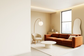 Modern cozy living room with minimalist furniture and warm lighting in contemporary interior design style, featuring large window and soft decor.
