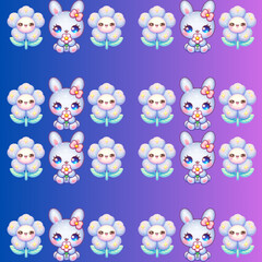 Obraz premium A seamless pattern of cute kawaii bunnies with pink bows and smiling flowers on a blue and purple gradient background.