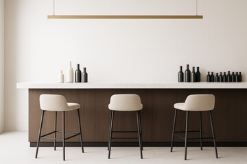 Minimalist bar interior with beige stools, marble counter, and decorative bottles on sleek wood paneling in modern indoor space concept.