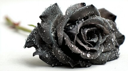 Single black rose with dew drops