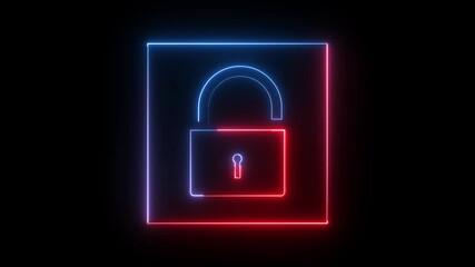 Unlock icon animation glowing neon red and blue color unlocked security open encryption privacy protection unlocking sign symbol on black background - Powered by Adobe