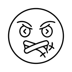 Outline swearing emoji icon, with editable stroke. Angry emoji with mouth censor, filthy language. Emoticon with foul speech, offensive word, hating face, swearing emoticon, hatred shout. Vector ... S