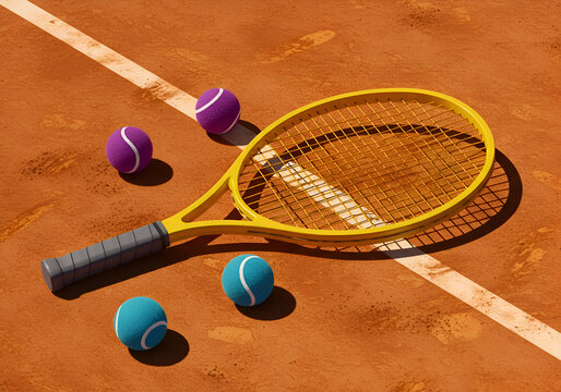 Yellow tennis racket and colorful balls on clay court. Perfect for sports or leisure ads, highlighting vibrant equipment. - Powered by Adobe