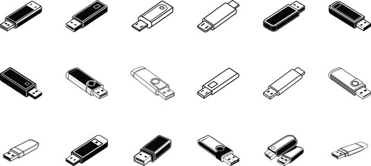 Collection of usb flash drive icons in silhouette