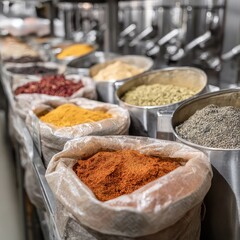A close up of various spices in sacks and metal containers on a stainless steel surface in a kitchen