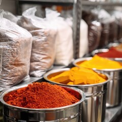 Close up of spices in metal bowls and bags on a shelf in a shop or market setting display