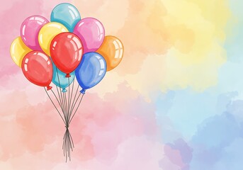 Colorful Balloons Against Watercolor Sky Background