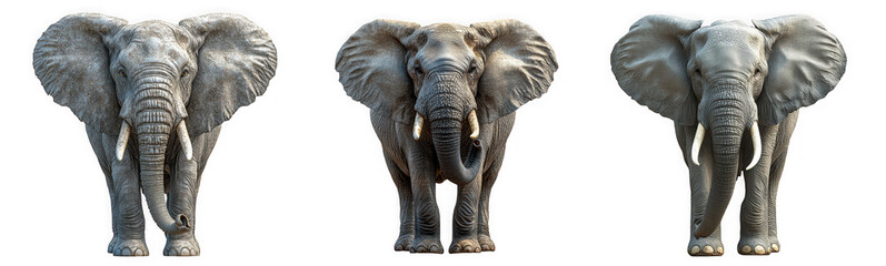 Fototapeta premium Three african elephants stand majestically against a transparent background, showcasing their impressive size and unique features