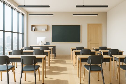 Modern empty classroom interior with large windows, wooden furniture, blackboard, and natural lighting in contemporary educational building.