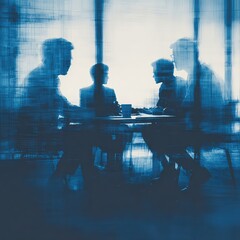 A group of people silhouetted around a table in a bright room during a business meeting setting