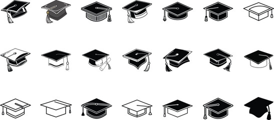 Collection of graduation caps in a sketchy silhouette style
