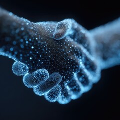 A digital handshake formed by glowing dots and lines against a dark background representing connection