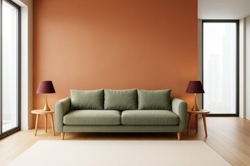 Modern interior with green sofa and orange wall in bright room with floor-to-ceiling windows and wooden floor, stylish and minimalistic living space.