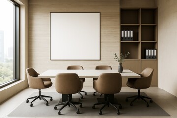 Contemporary meeting room interior with blank white square frame on wall and stylish brown chairs around table in modern office space mockup.