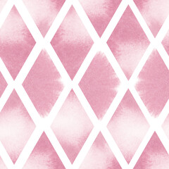 Pink rhombuses seamless pattern watercolor illustration. Rhombus ornament in delicate spring colors. Abstract background of geometric shapes. Mosaic for textiles, wallpaper