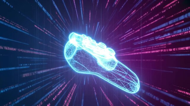 Digital Wireframe Game Controller in Speed Tunnel Animation with Binary Code