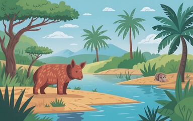 Brown animal by blue water with palm trees and mountains