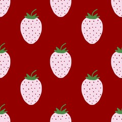 Seamless pattern of cute light pink strawberries with green stems on a vibrant red background, perfect for textiles, digital art, or sweet-themed designs.