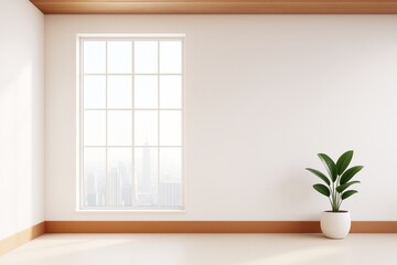 Minimalist bright modern room interior with large window, wooden floor trim, white walls, and green plant in pot for copyspace mockup use.