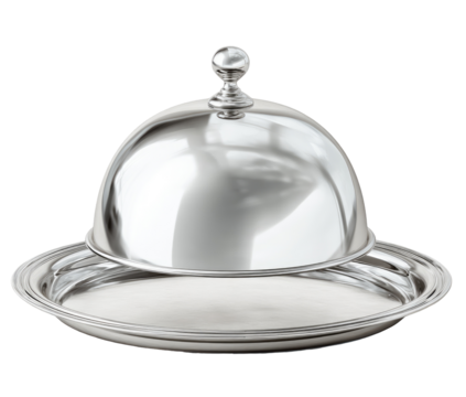 Polished, chrome-plated, round serving dish with dome lid.  Features a decorative finial on the lid, and a slightly raised rim on the dish.  High-quality, elegant presentation piece for food