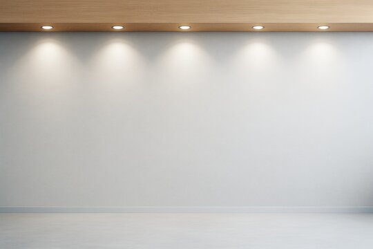 Modern empty interior with wooden ceiling and spotlights illuminating a blank white wall in a minimalist room setup for creative branding concept.