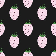 Seamless pattern featuring cute pink strawberries with green leaves on a sleek black background. Perfect for textiles, digital art, or sweet designs.