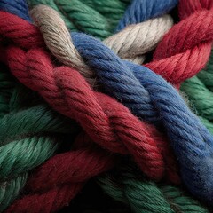Close up view of a tightly woven rope with different colors including red blue green and beige strands