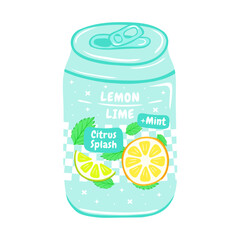 Soda in aluminum can with lemon, lime and mint flavor. Vector illustration in hand drawn style. Soft drink for advertising, posters, packaging and merch
