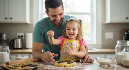 A joyful father and his young daughter laugh while baking chocolate chip cookies together in the kitchen.