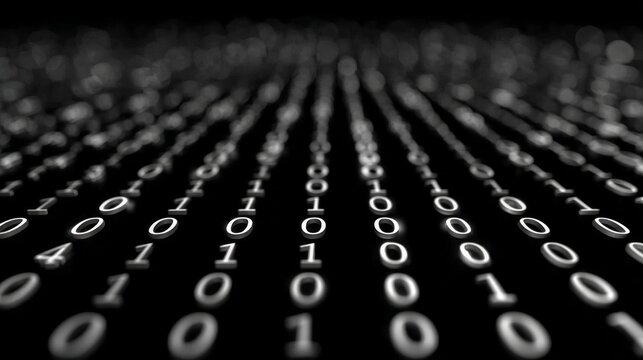 Digital Code Flow: An artistic representation of binary code cascading across a dark canvas, symbolizing the complexities of data and technology.