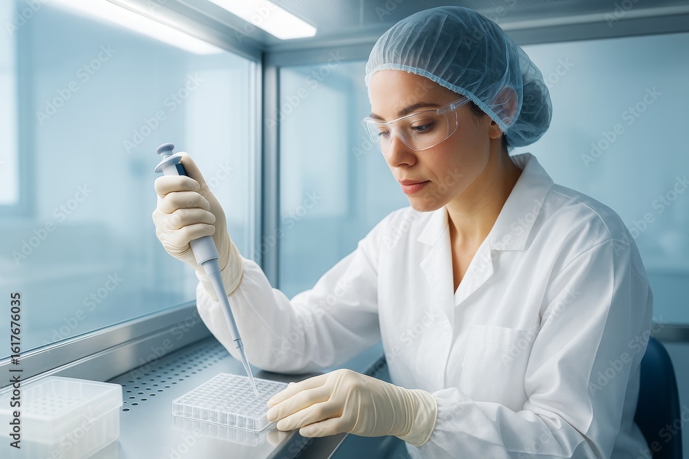 Poster female scientist using pipette in sterile lab environment with soft natural light on clean backgroun