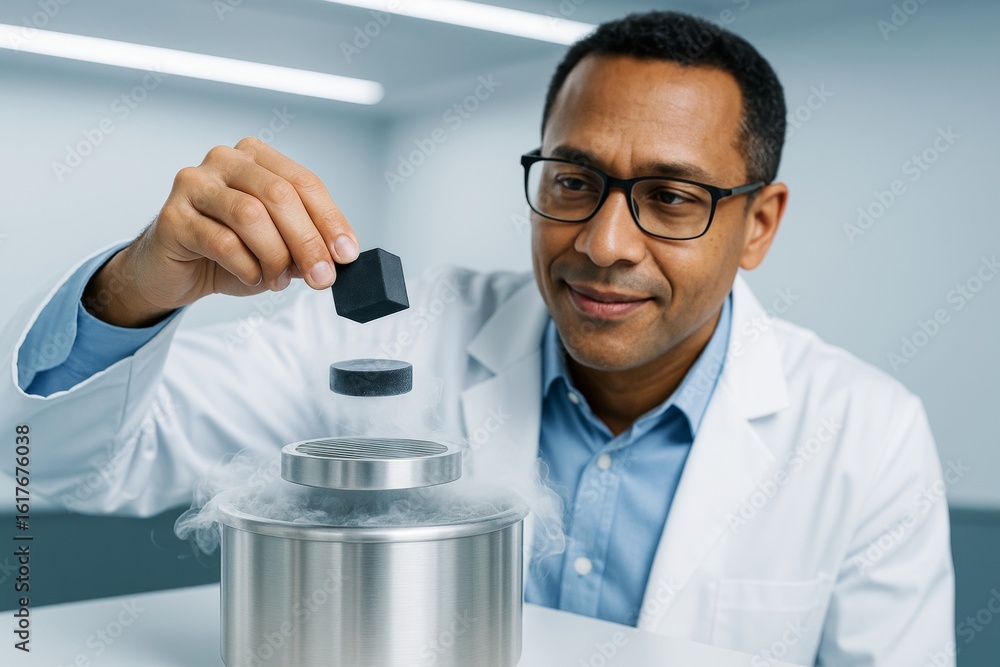 Poster scientist observes magnetic levitation experiment using superconductors and dry ice on a light backg