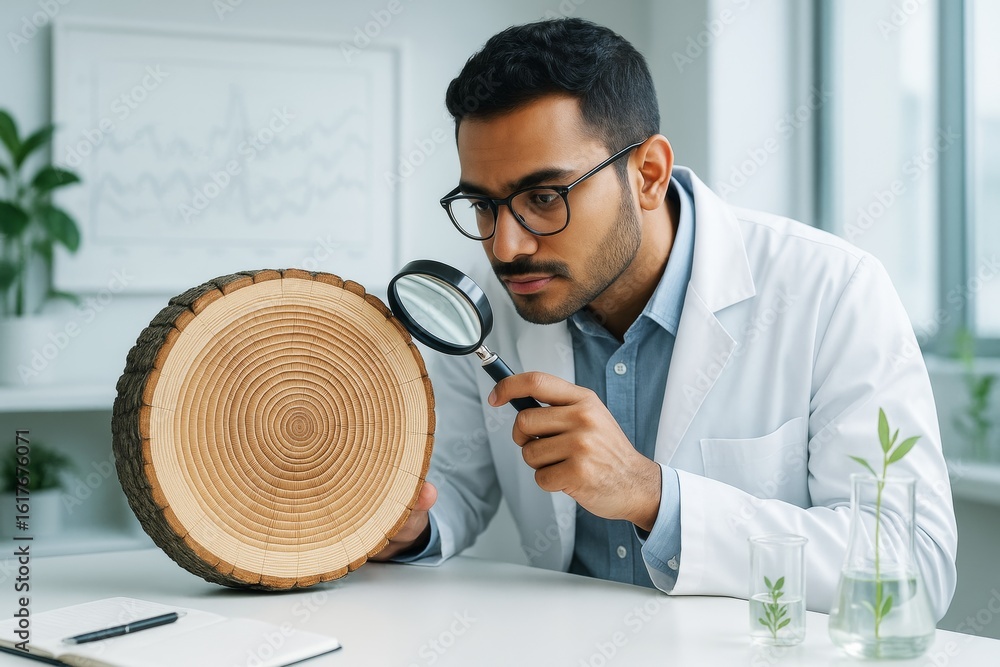 Aufkleber scientist examining tree growth rings with magnifying glass in lab environment, studying wood struct