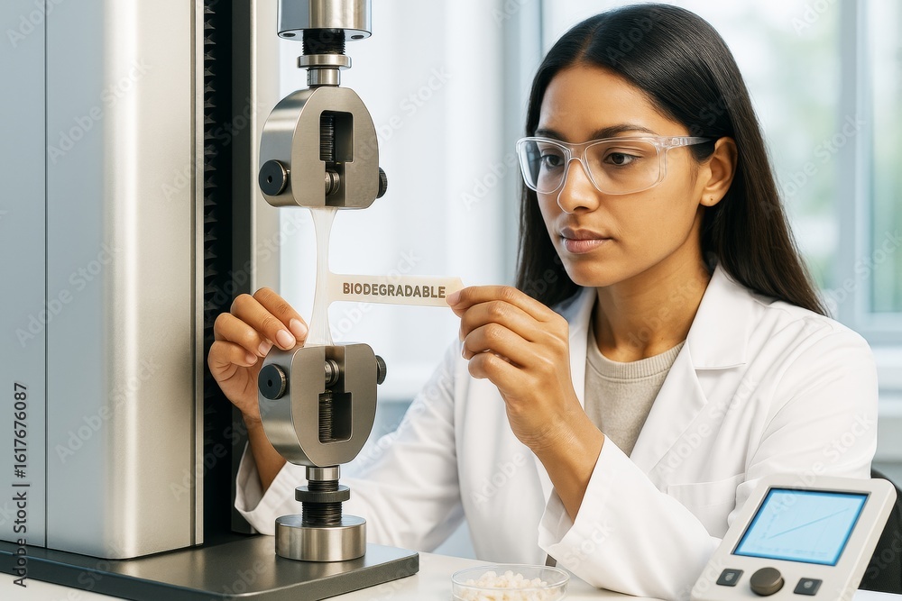 Poster female scientist testing biodegradable material in laboratory using tensile strength testing machine
