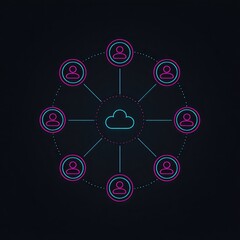 A network diagram showing a cloud connected to multiple users with lines on a black background
