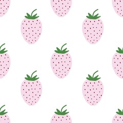 Seamless pattern featuring cute pink strawberries with green leaves on a white background, perfect for textiles, digital art, or summer designs.