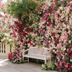 Romantic floral wall bench, garden patio, wedding backdrop