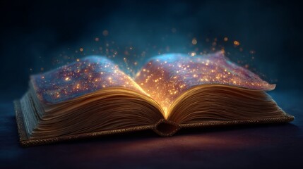 Book of Wonders: A mystical book illuminated by glowing light, its pages filled with magic and enchanting secrets, representing knowledge and imagination.