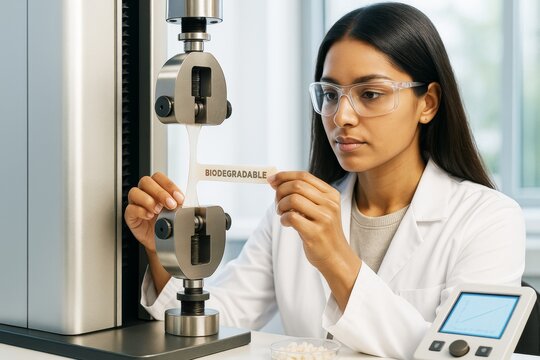 Female scientist testing biodegradable material in laboratory using tensile strength testing machine, with high-tech light background setup. Ai generative