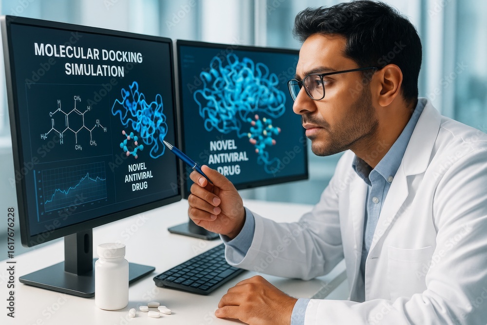 Poster scientist analyzing molecular docking simulation for antiviral drug development on dual monitors in 