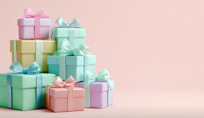 Obraz premium Pastel-colored gift boxes stacked in a pyramid on a light pink background