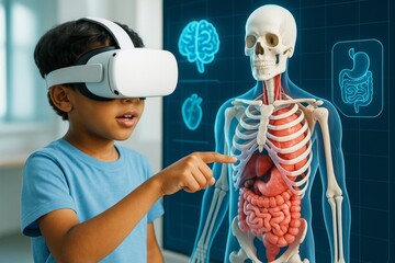 Child using virtual reality headset to explore human anatomy with digital skeleton and organs on interactive science background in classroom setting. Ai generative