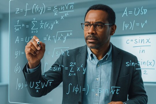 Scientist solving complex mathematical equations on transparent board in modern classroom under natural light background. Ai generative. Ai generative