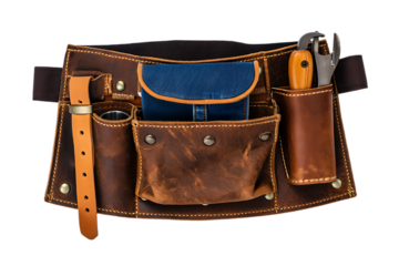 A brown leather tool belt on a black background, Perfect DIY tool belt, Brown leather tool belt with multiple pockets and pouches for different tools